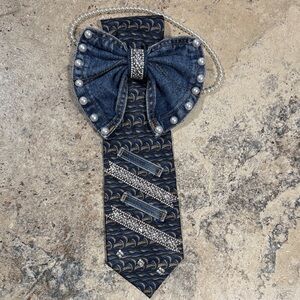 Women’s Puritan Blue Denim Bow Tie Necklace with Pearl & Rhinestone Accents